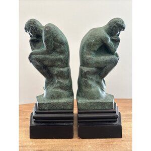 Rodin The Thinker Cast Metal Bookends Green Faux Verdigris Finish Vintage